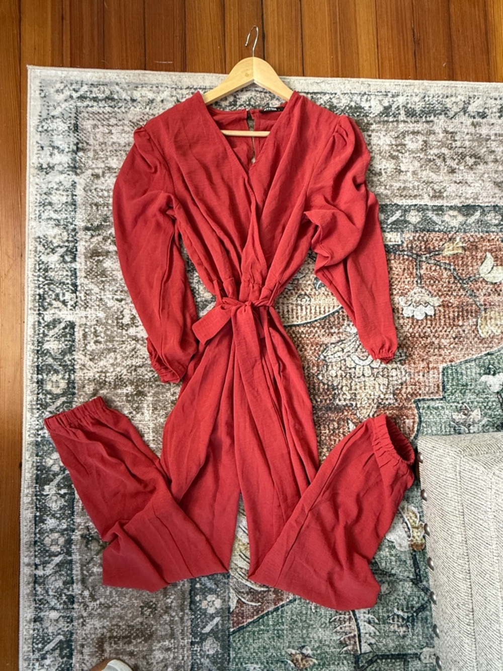 BTFBM Rust Red Belted Jumpsuit – Size Medium – Long Sleeve Wrap Style - Picture 2 of 3
